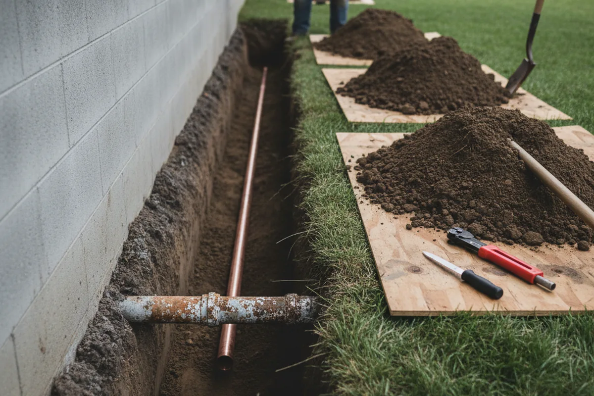 Excavated water line trench during Water Heater Repair in Scottsmoor